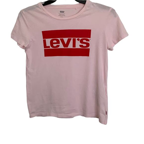 LEVI’S SHORT SLEEVE T-SHIRT, WOMENS, S/P, PINK W/LEVI'S WRITTEN IN RED ON FRONT - Picture 1 of 7